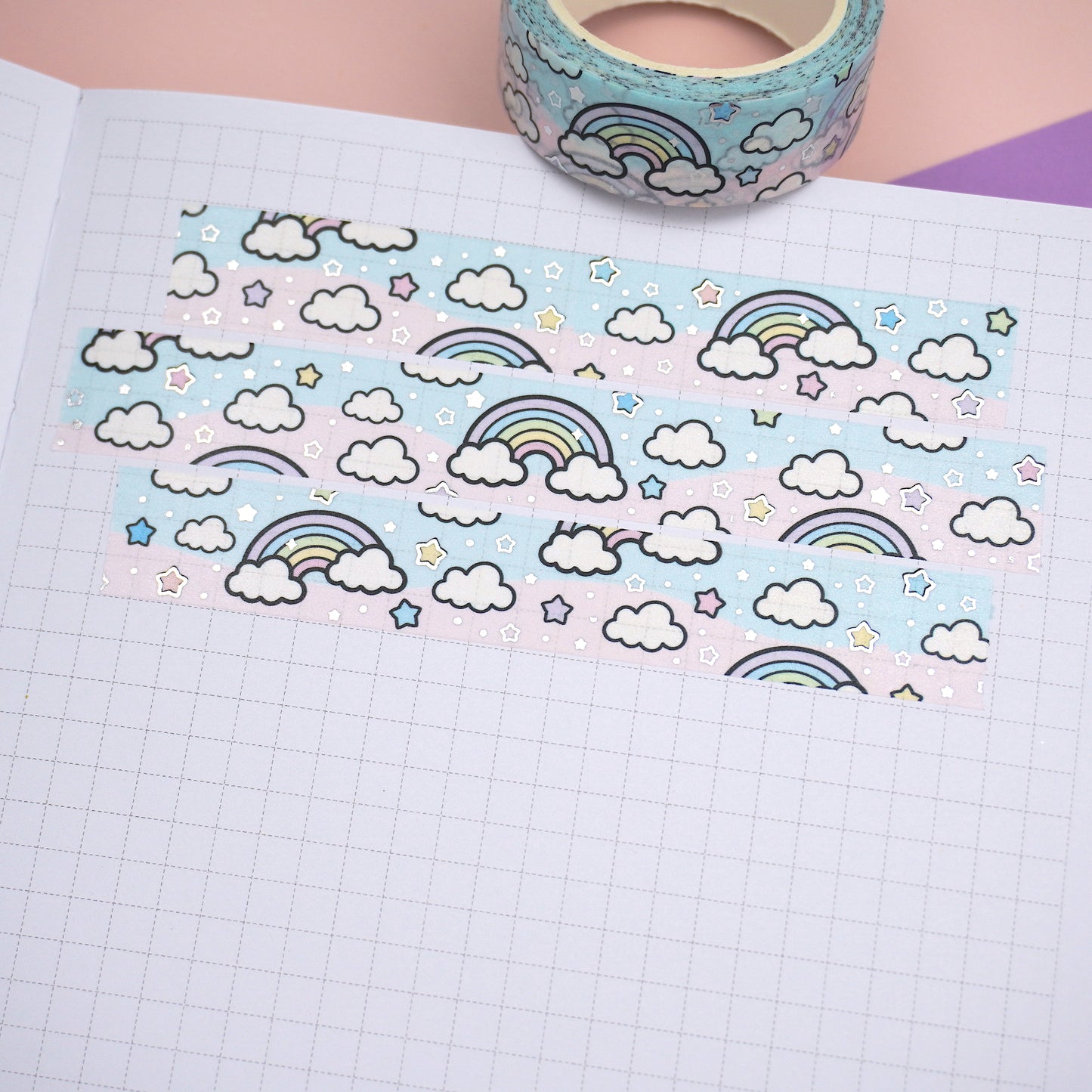 Rainbow -Cotton candy | Silver foil | 15mm washi tape
