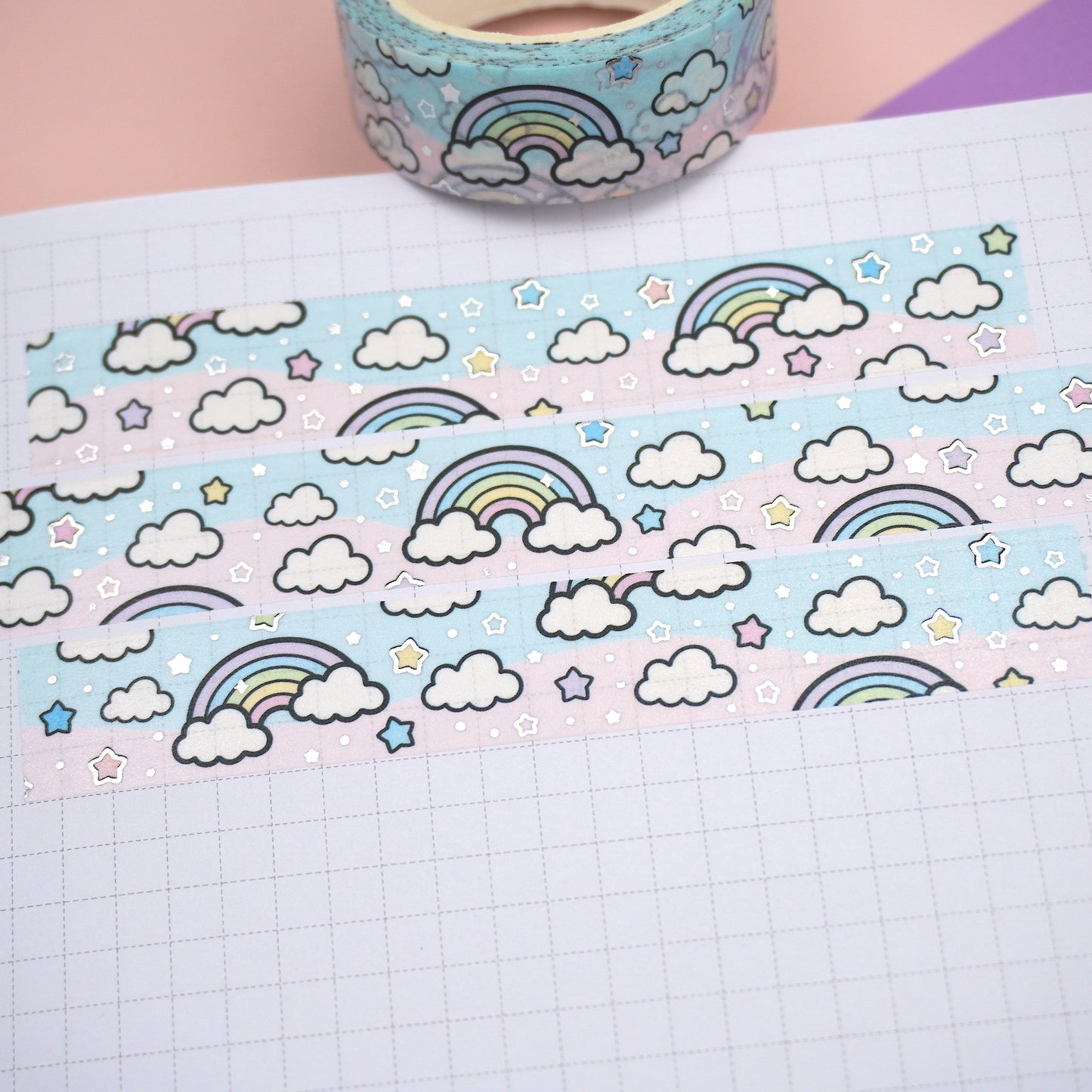 Rainbow -Cotton candy | Silver foil | 15mm washi tape