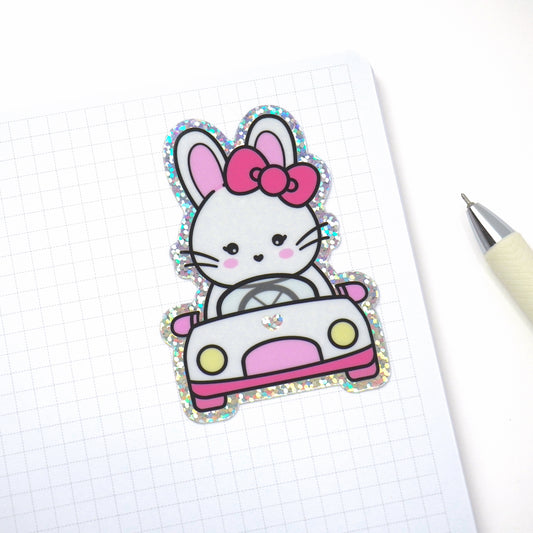 Bunny driving a car | Glitter die-cut sticker