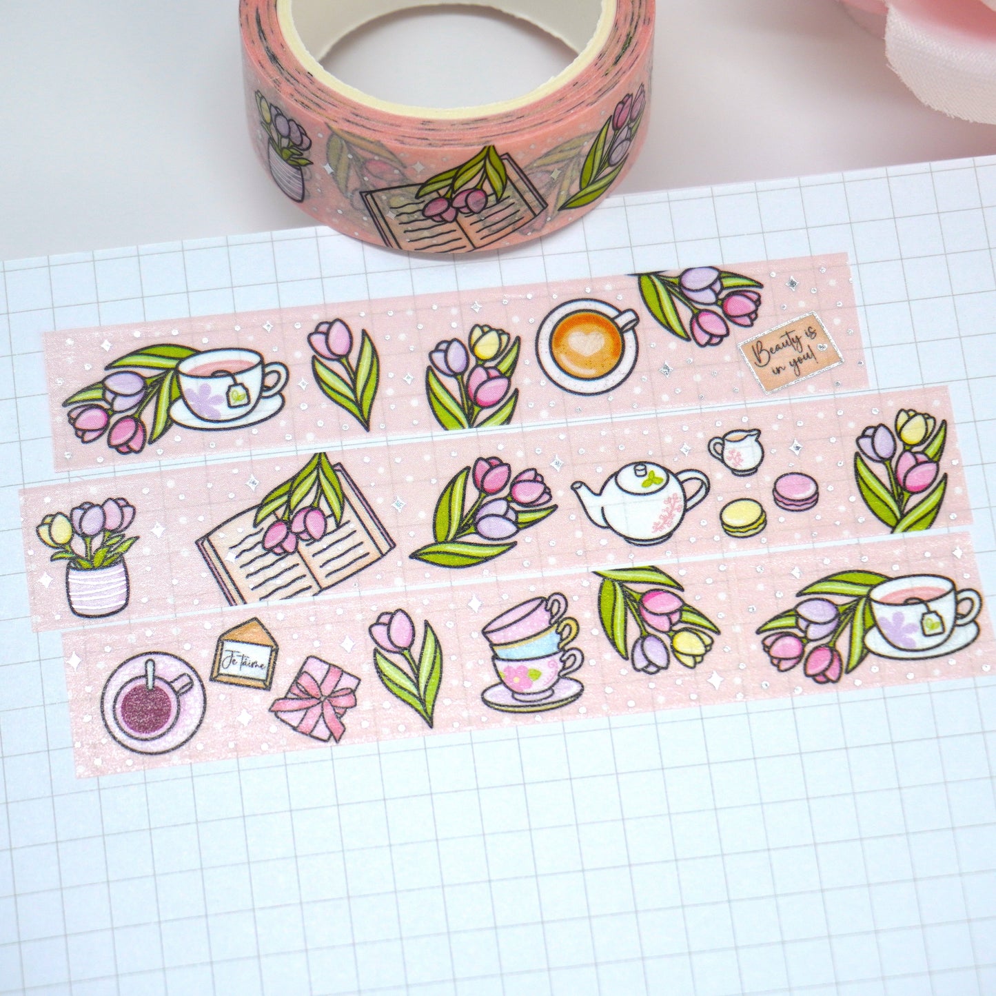 Tulips & Tea | Silver foil | 15mm washi tape