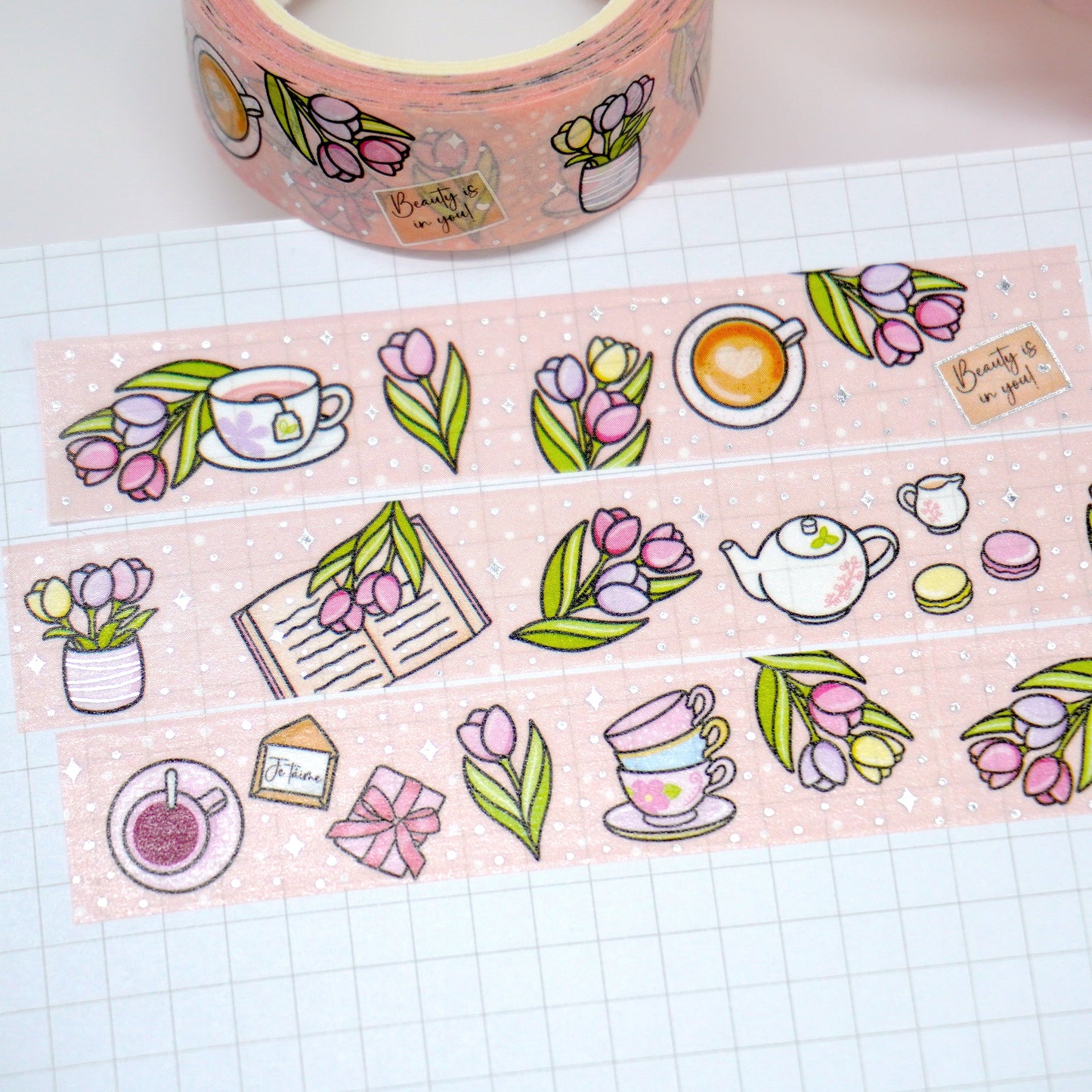 Tulips & Tea | Silver foil | 15mm washi tape