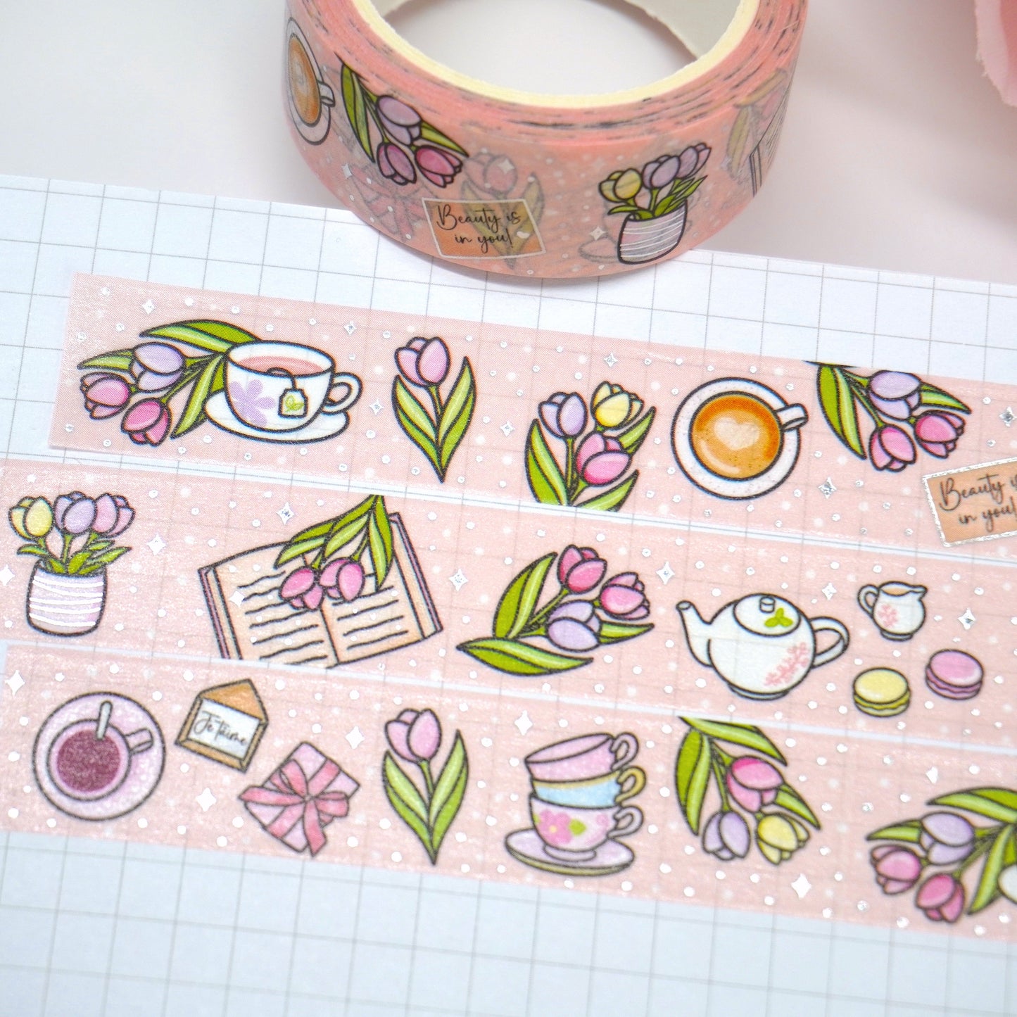Tulips & Tea | Silver foil | 15mm washi tape