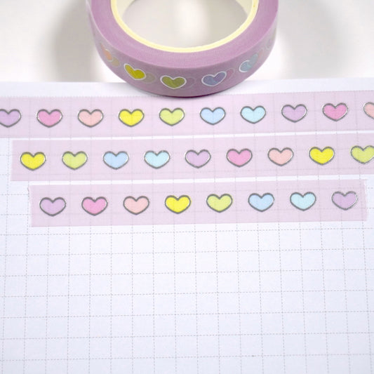 Rainbow hearts | Silver foil | 10mm washi tape