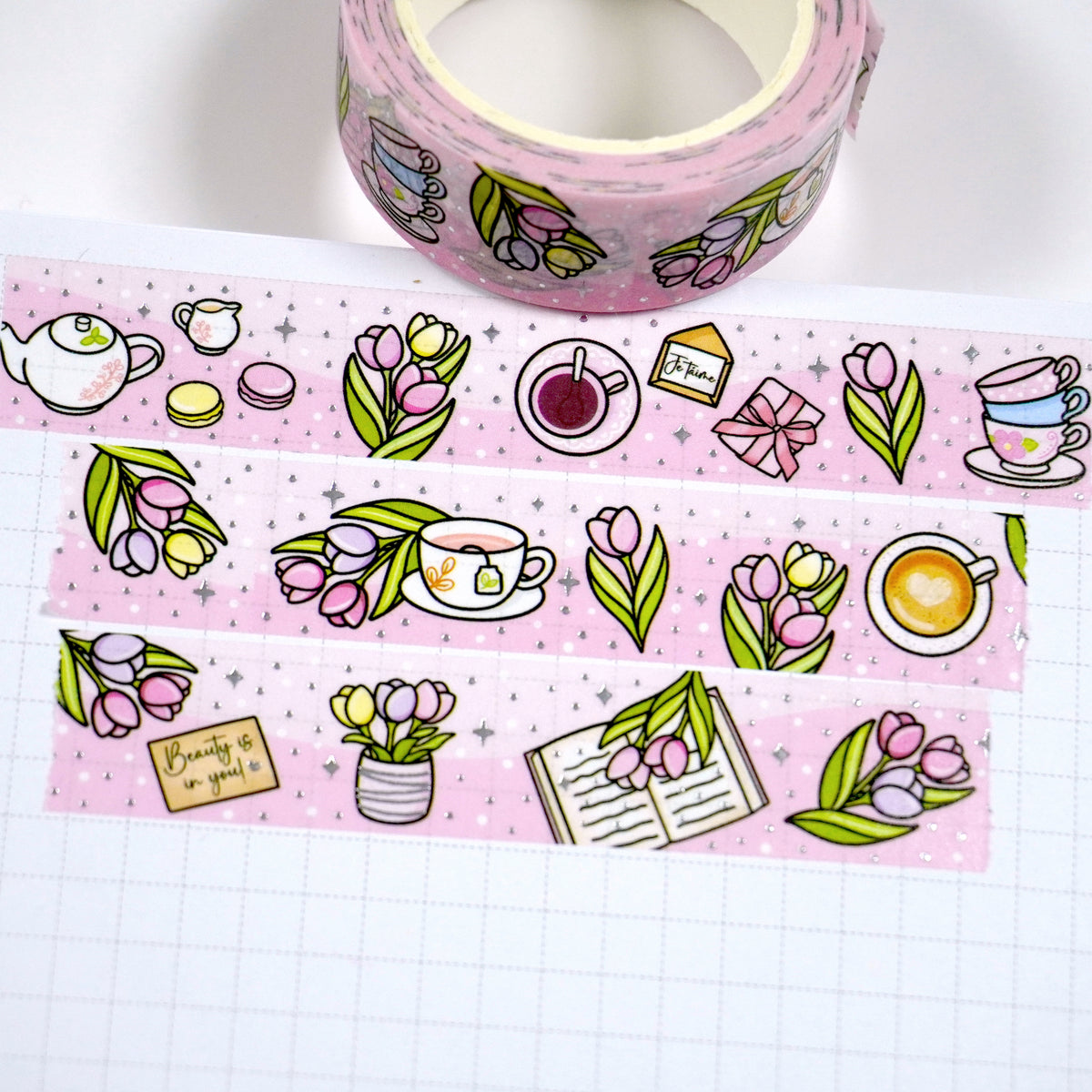 Tulips & Tea | Silver foil | 15mm washi tape