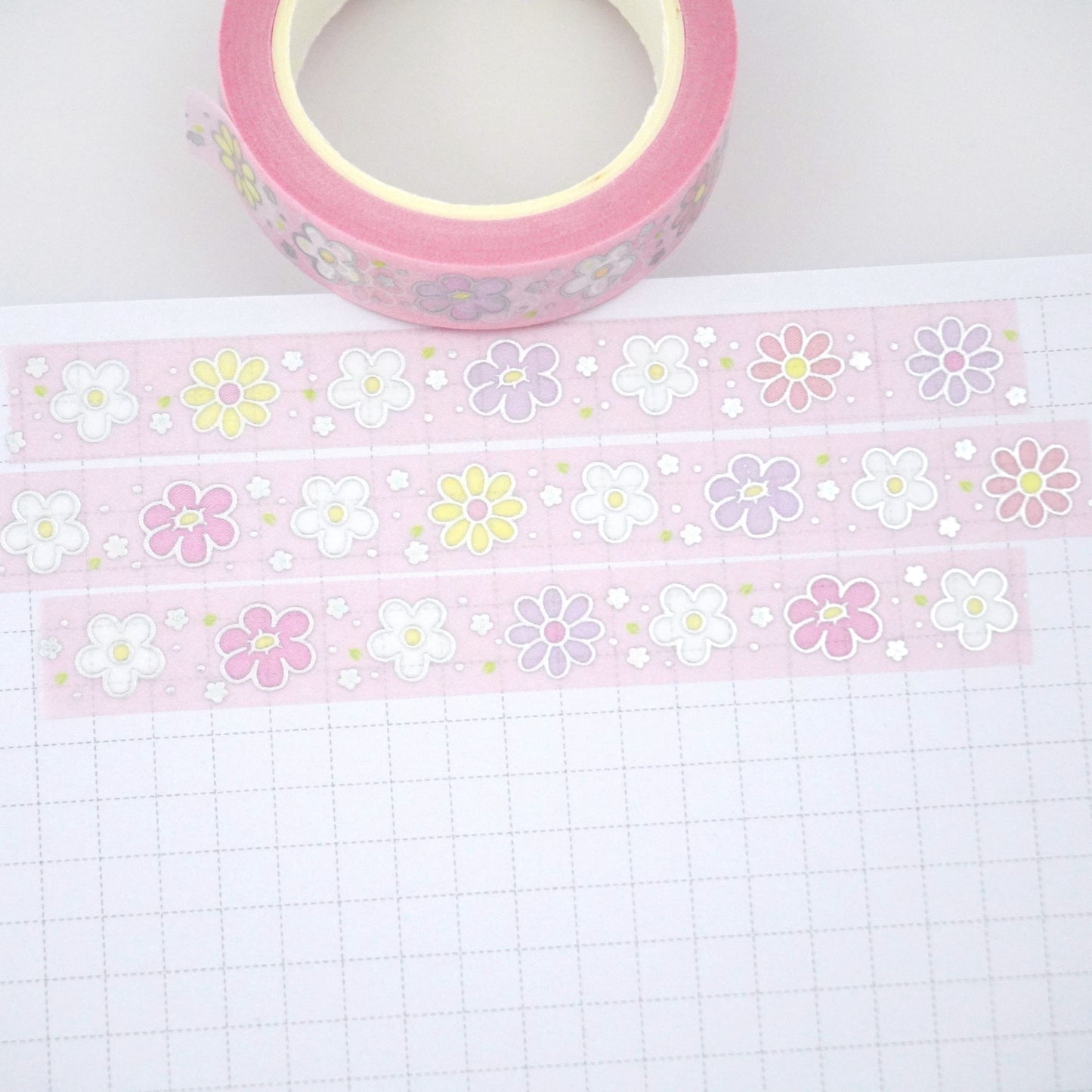 Daisy flowers -Pink | Silver foil | 10mm washi tape