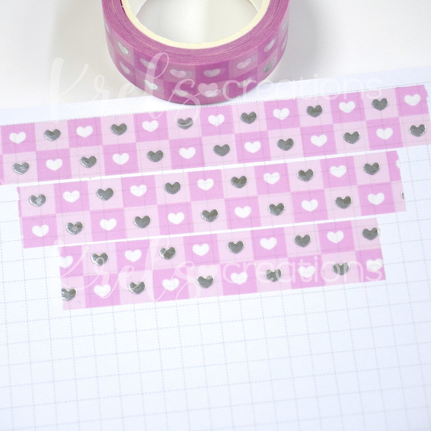 Heart-checkered (Pink) | Silver foil | 15mm washi tape