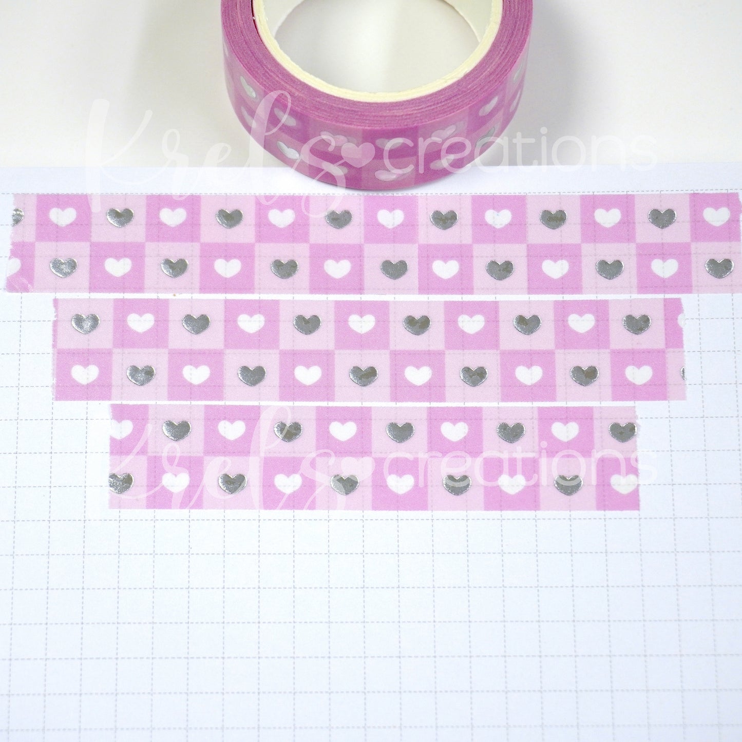 Heart-checkered (Pink) | Silver foil | 15mm washi tape