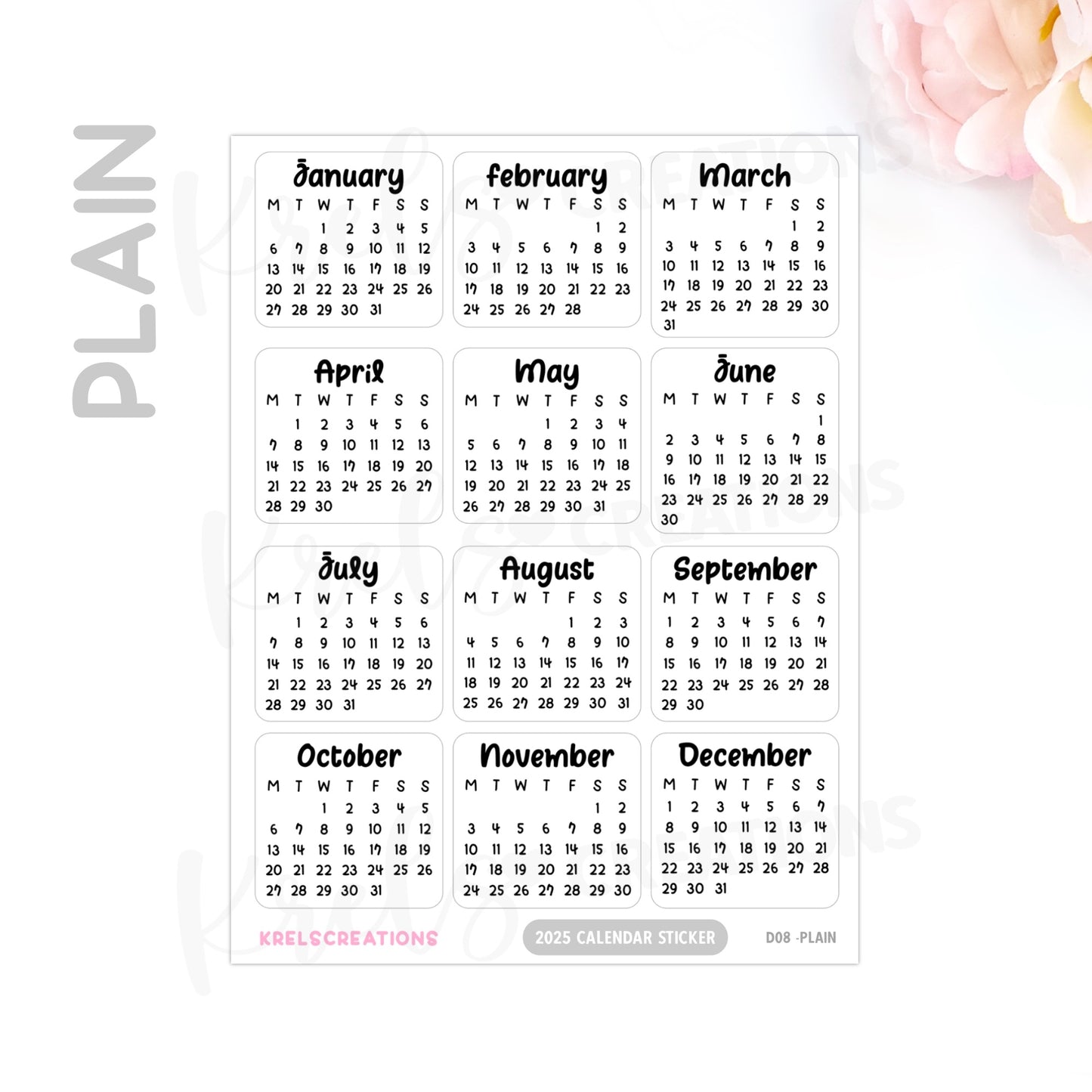 D08 | 2025 Calendar mini sticker (1 inch) | PICK YOUR COLOR