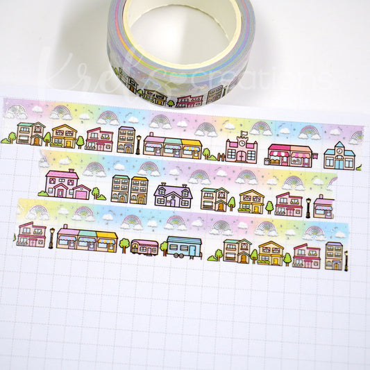 Hello town -Rainbow | Silver foil | 15mm washi tape