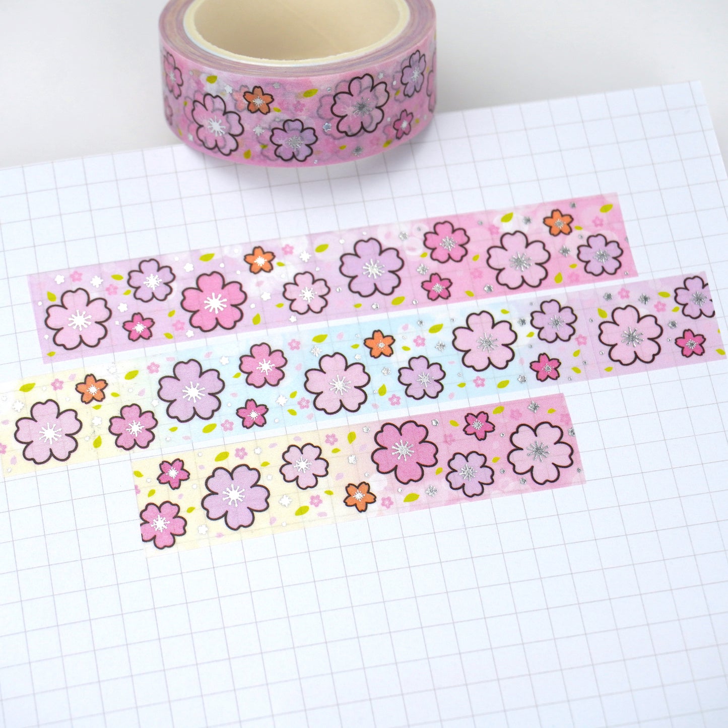 Cherry Blossom - Rainbow | Silver foil | 15mm washi tape