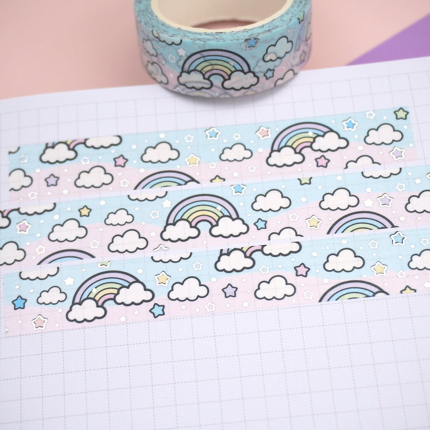 Rainbow -Cotton candy | Silver foil | 15mm washi tape