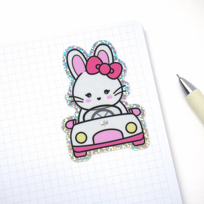 Bunny driving a car | Glitter die-cut sticker