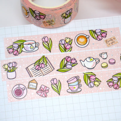 Tulips & Tea | Silver foil | 15mm washi tape