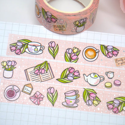 Tulips & Tea | Silver foil | 15mm washi tape