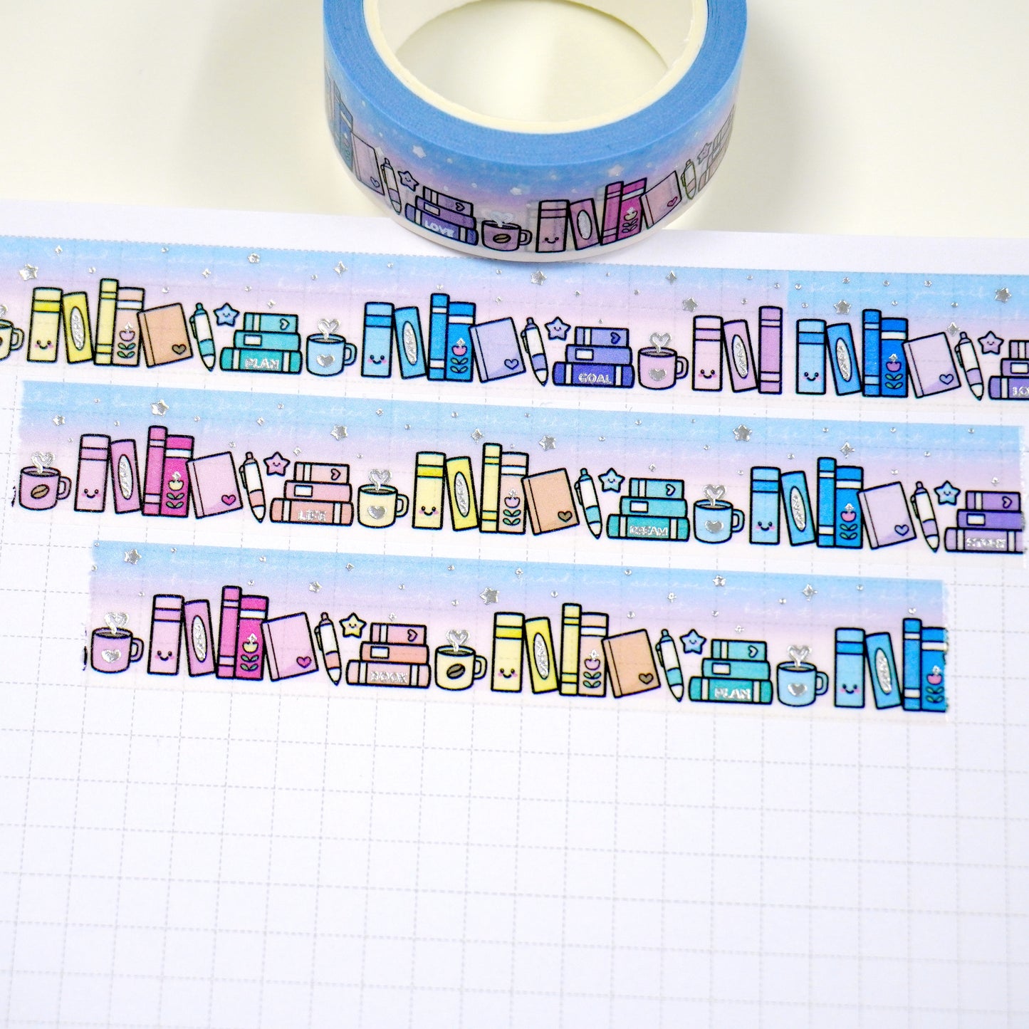 Bookish (Blue/pink) | Silver foil | 15mm washi tap