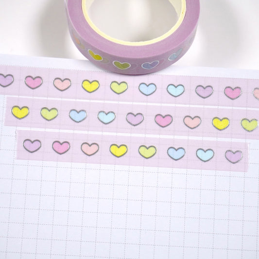Rainbow hearts | Silver foil | 10mm washi tape