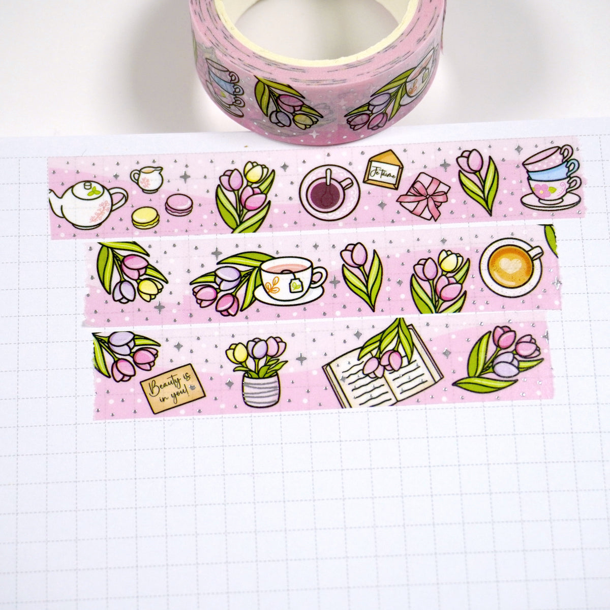 Tulips & Tea | Silver foil | 15mm washi tape