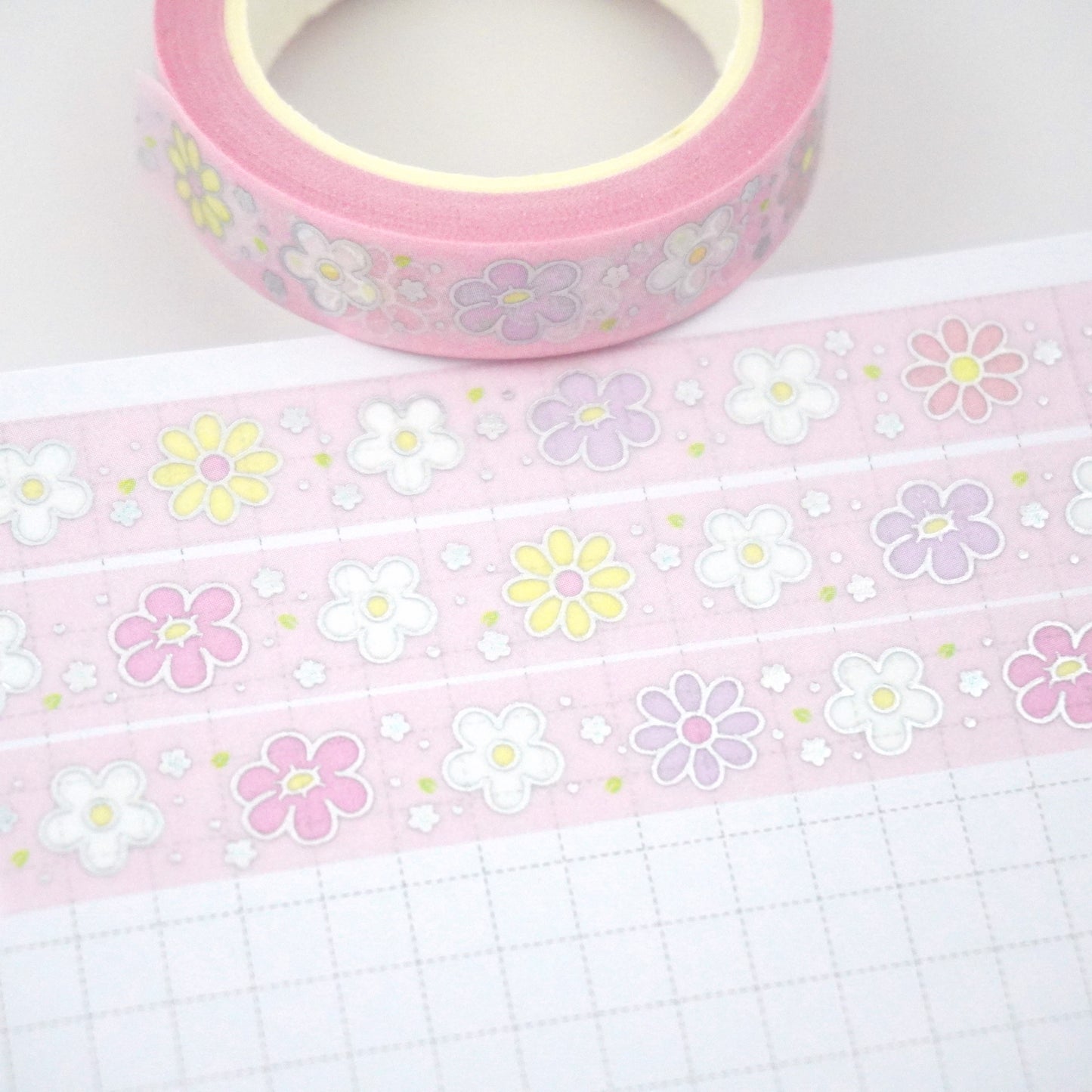 Daisy flowers -Pink | Silver foil | 10mm washi tape