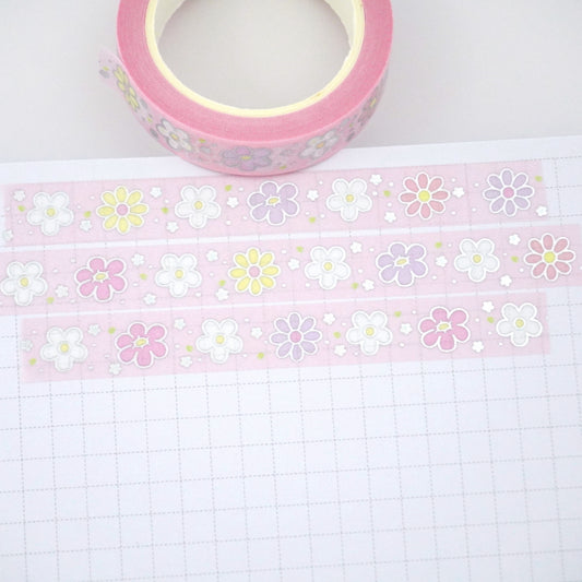 Daisy flowers -Pink | Silver foil | 10mm washi tape