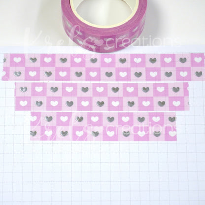 Heart-checkered (Pink) | Silver foil | 15mm washi tape