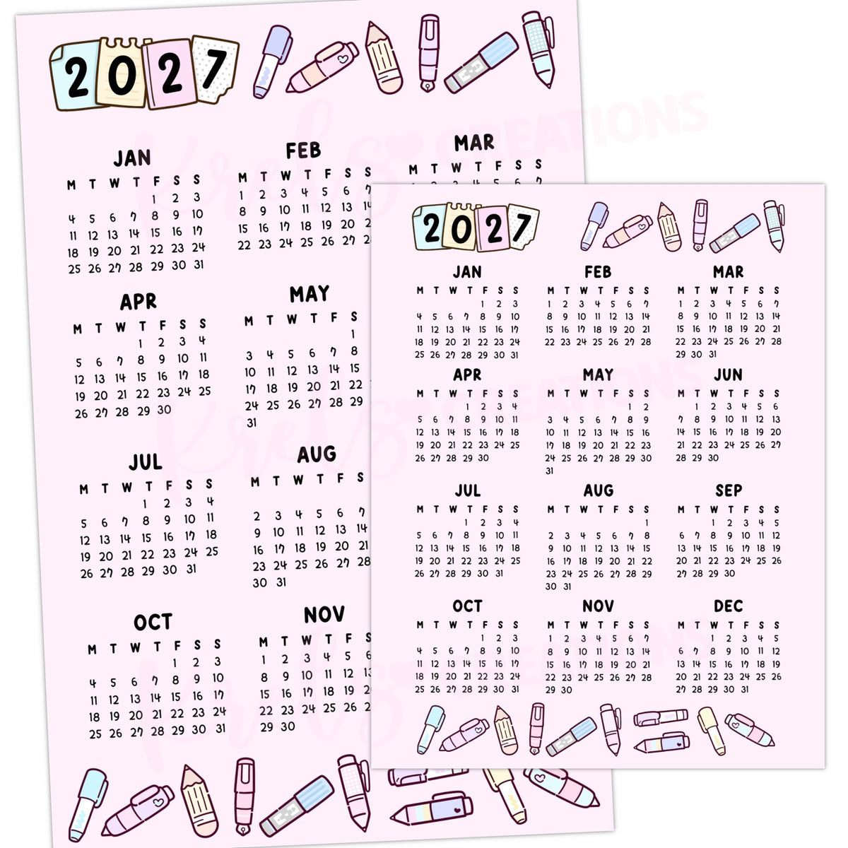 2027 Calendar sticker -Pen Pastel