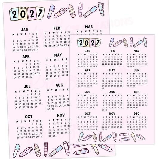 2027 Calendar sticker -Pen Pastel