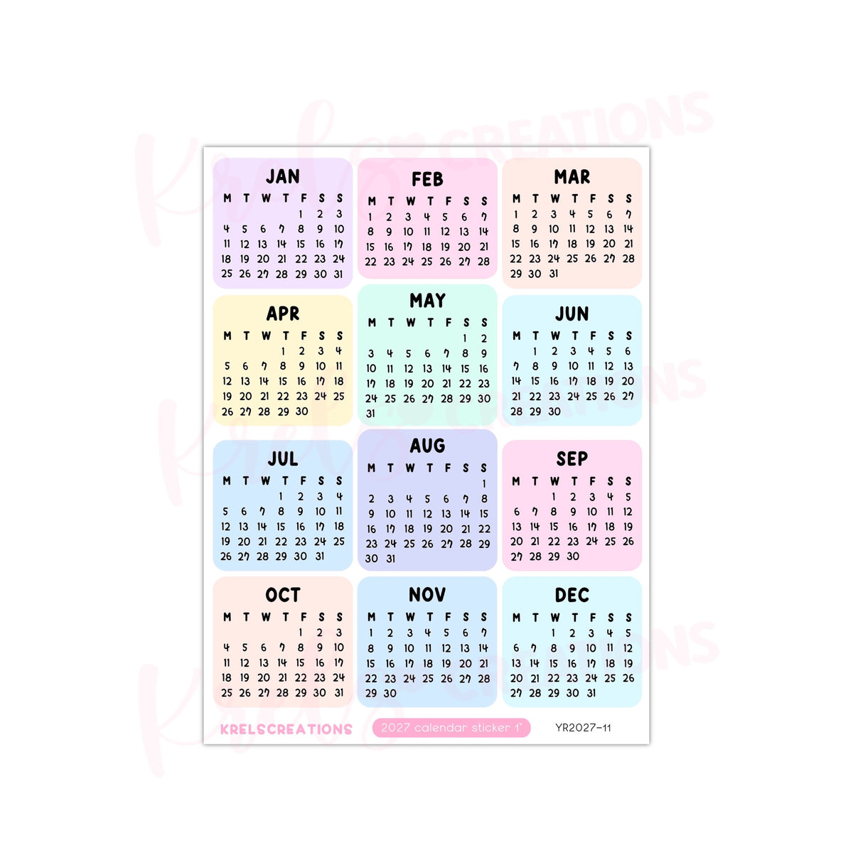 2027 Calendar sticker -Pastel
