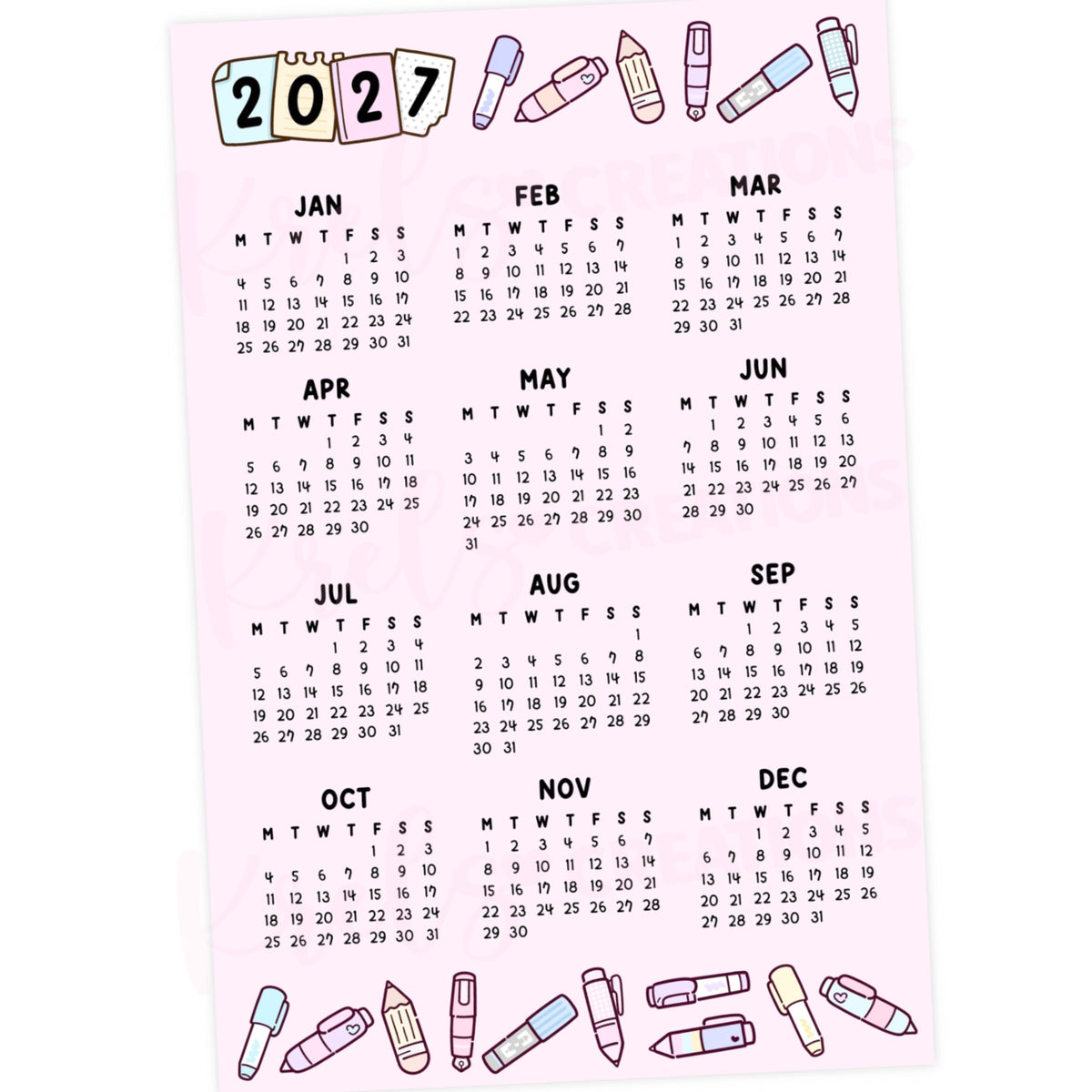 2027 Calendar sticker -Pen Pastel