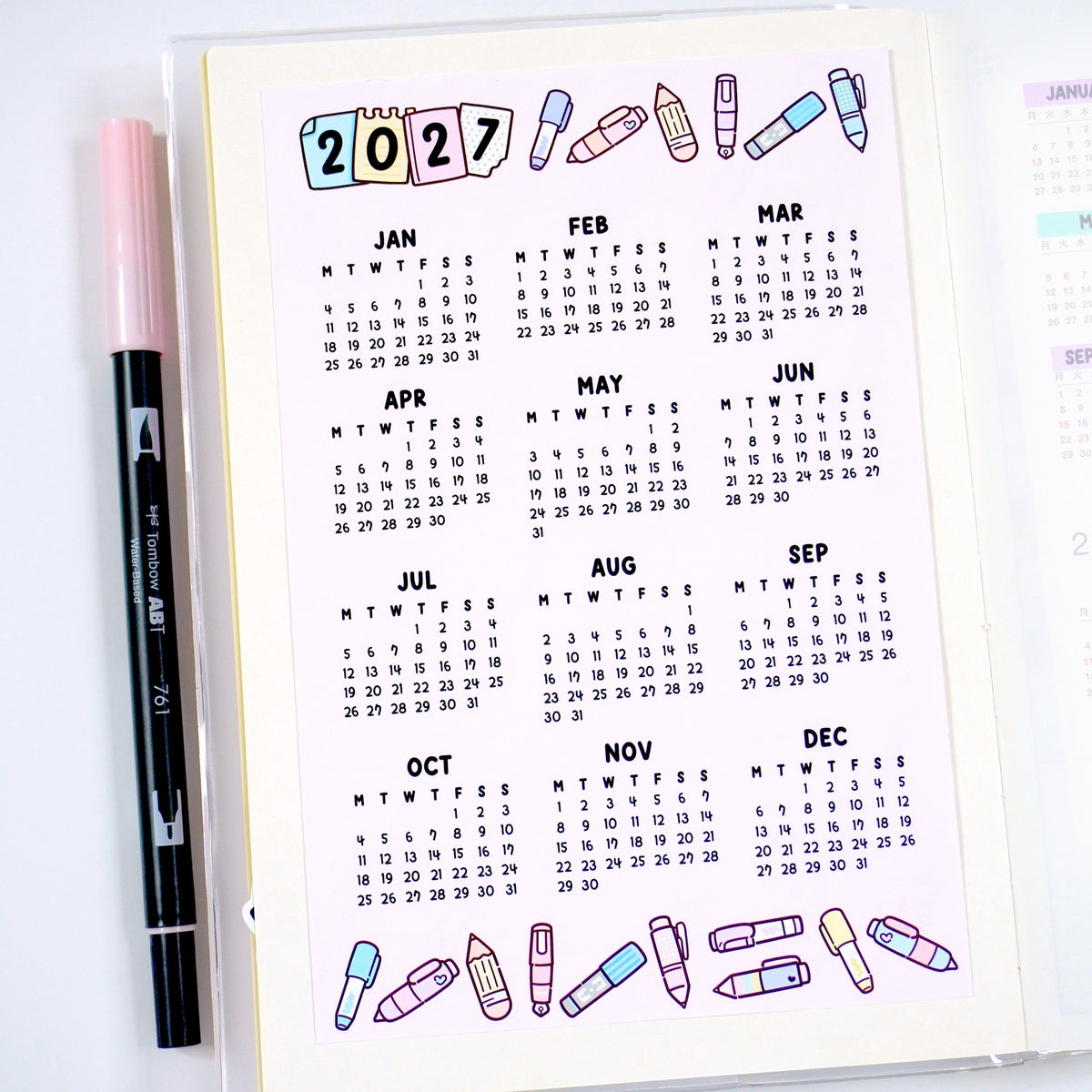 2027 Calendar sticker -Pen Pastel