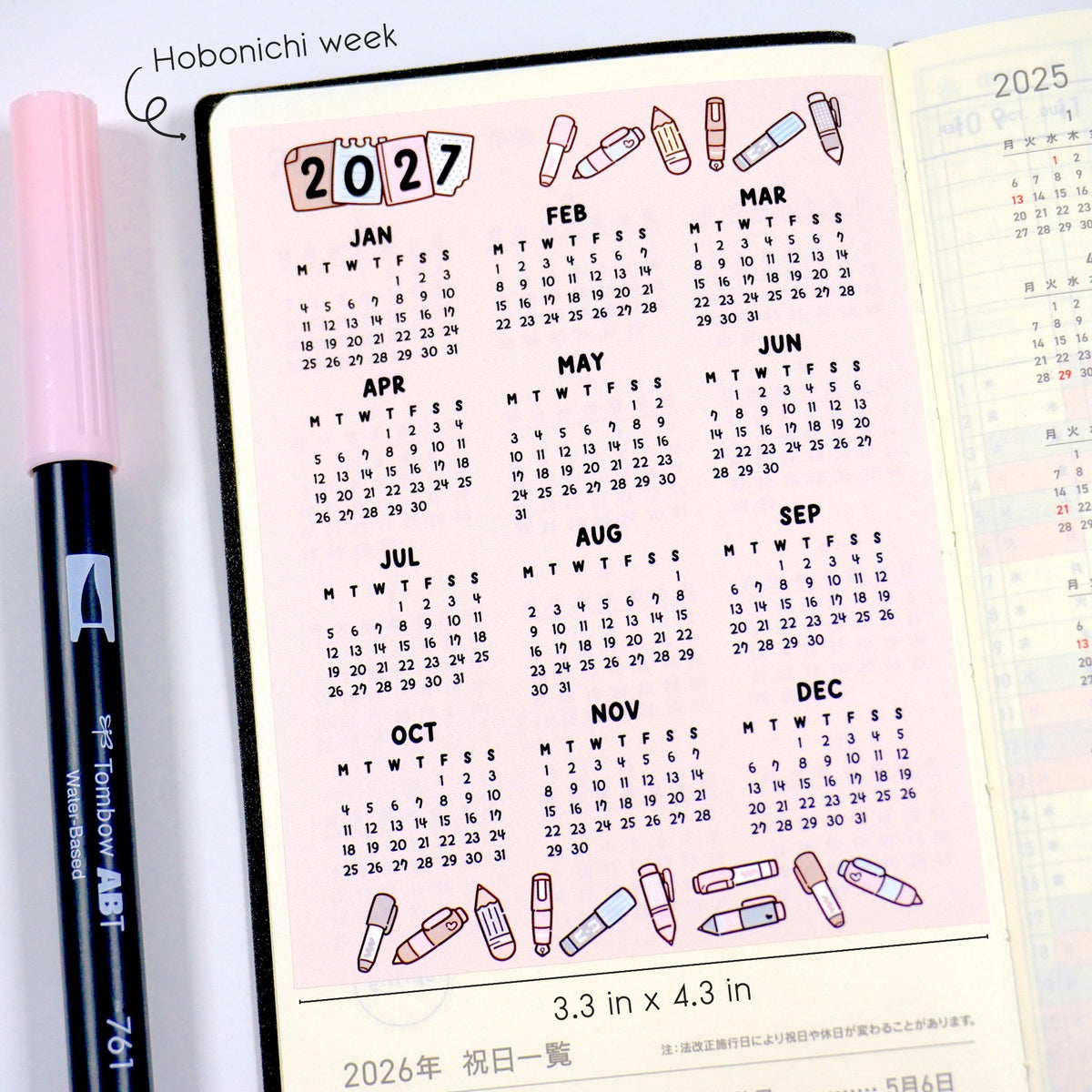 2027 Calendar sticker -Pen Pastel
